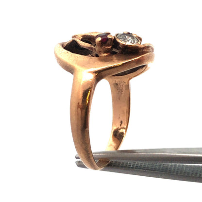 Vintage 14K Yellow Gold Diamond Ruby Free Form Cocktail Ring