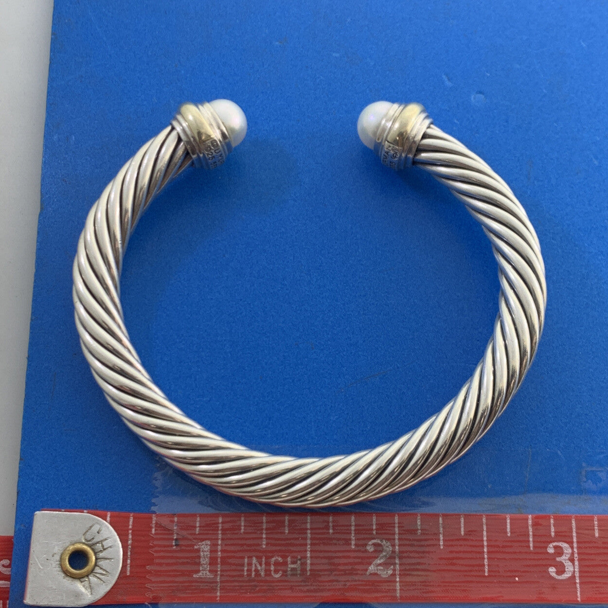 David Yurman Sterling Silver 14K Gold Pearl Cable Classics 7 mm Cuff Bracelet