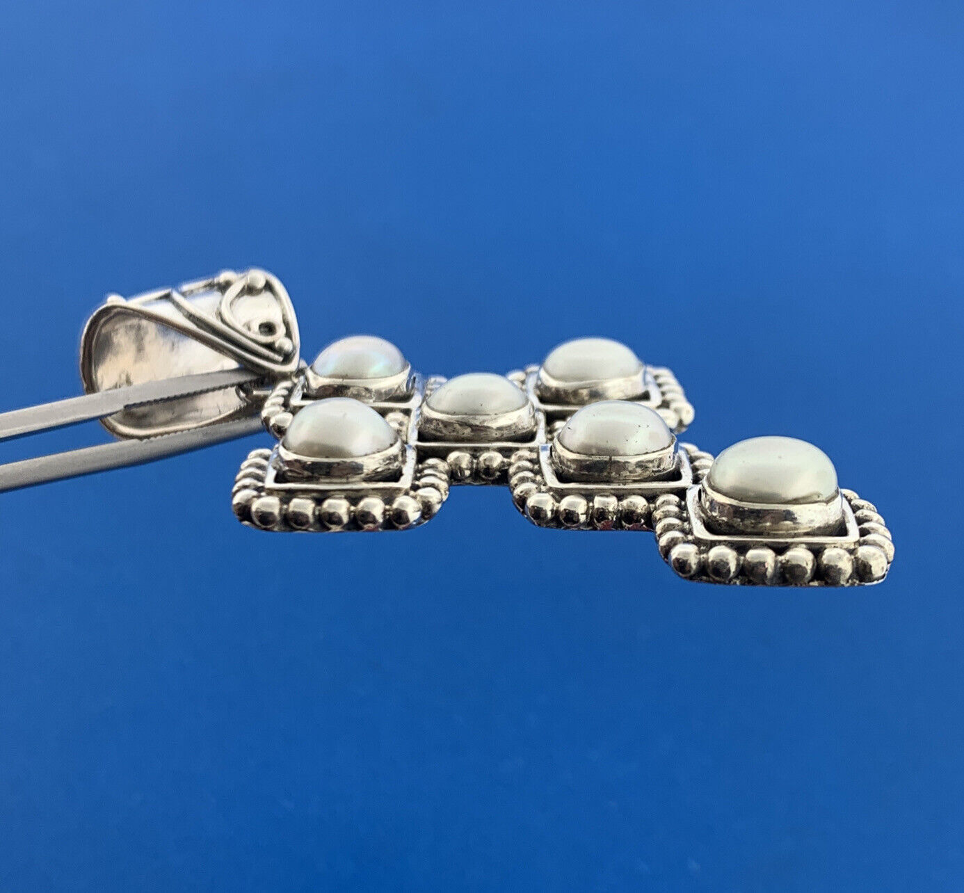 Stunning Sterling Silver 925 White Mabe Pearl Religious Cross Dangle Pendant