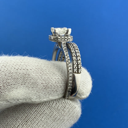 14K White Gold Princess Diamond Solitaire Halo Accented 1.35 TCW Bridal Set