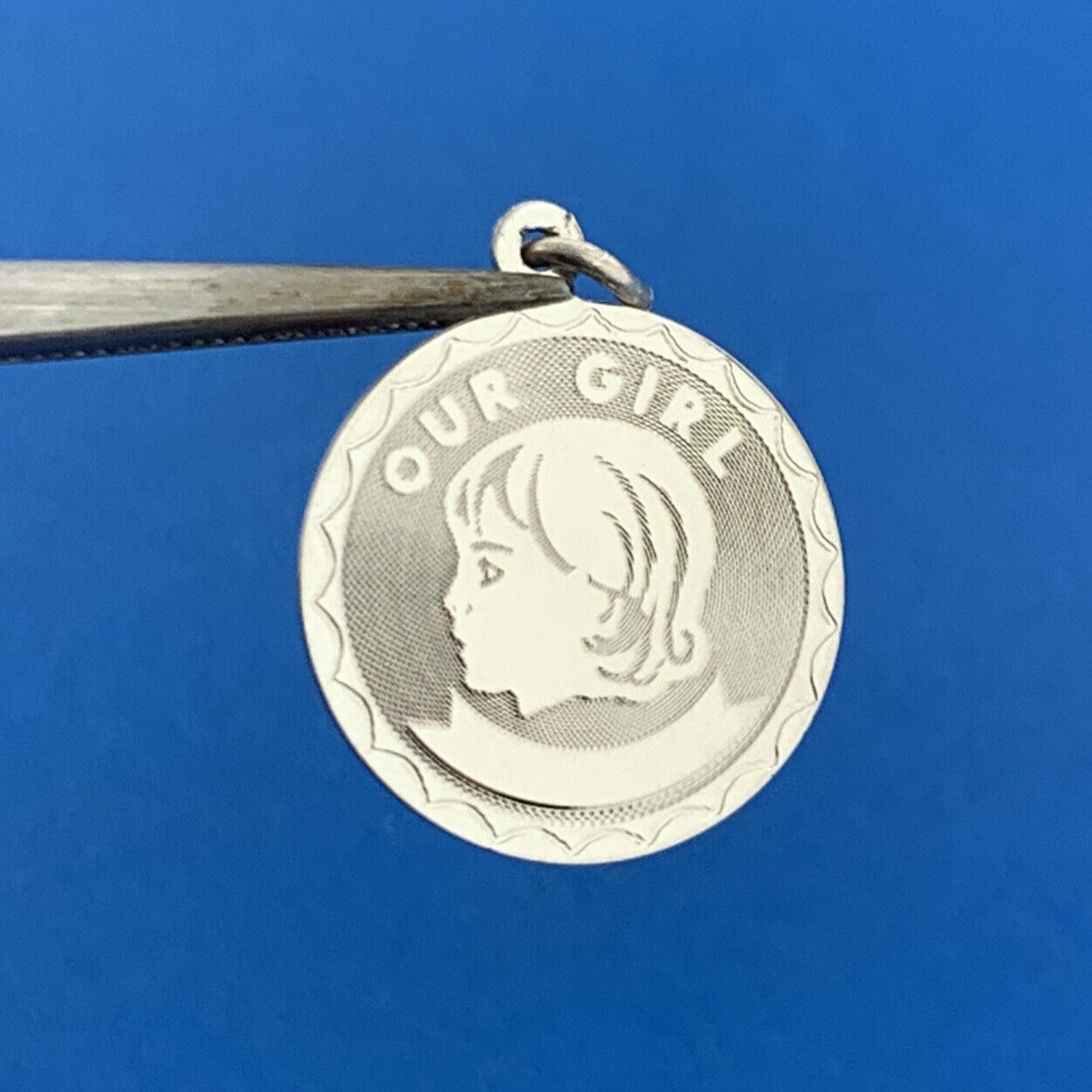 Vintage 925 Sterling Silver Our Girl Textured Engravable Bracelet Circle Charm