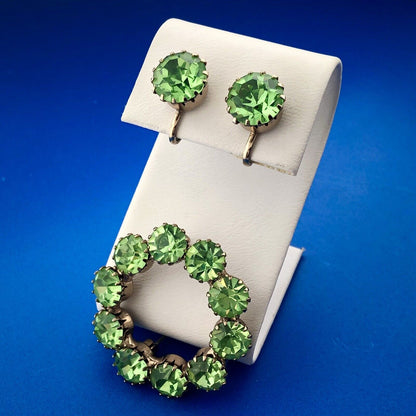 Estate Gold Tone Chartreuse Lime Green Rhinestone Pin Brooch Clip Earrings Set