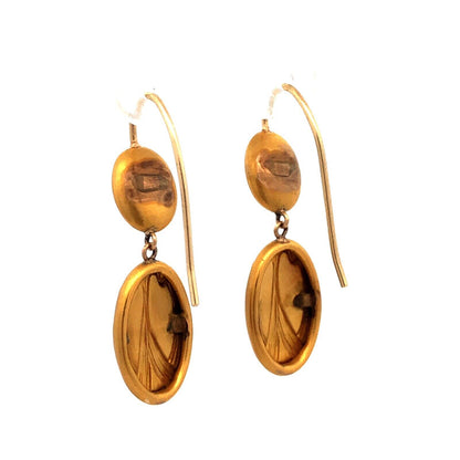 Estate 14K Yellow Gold Burnished Satin Finish Abstract Scarab Dangle Earrings