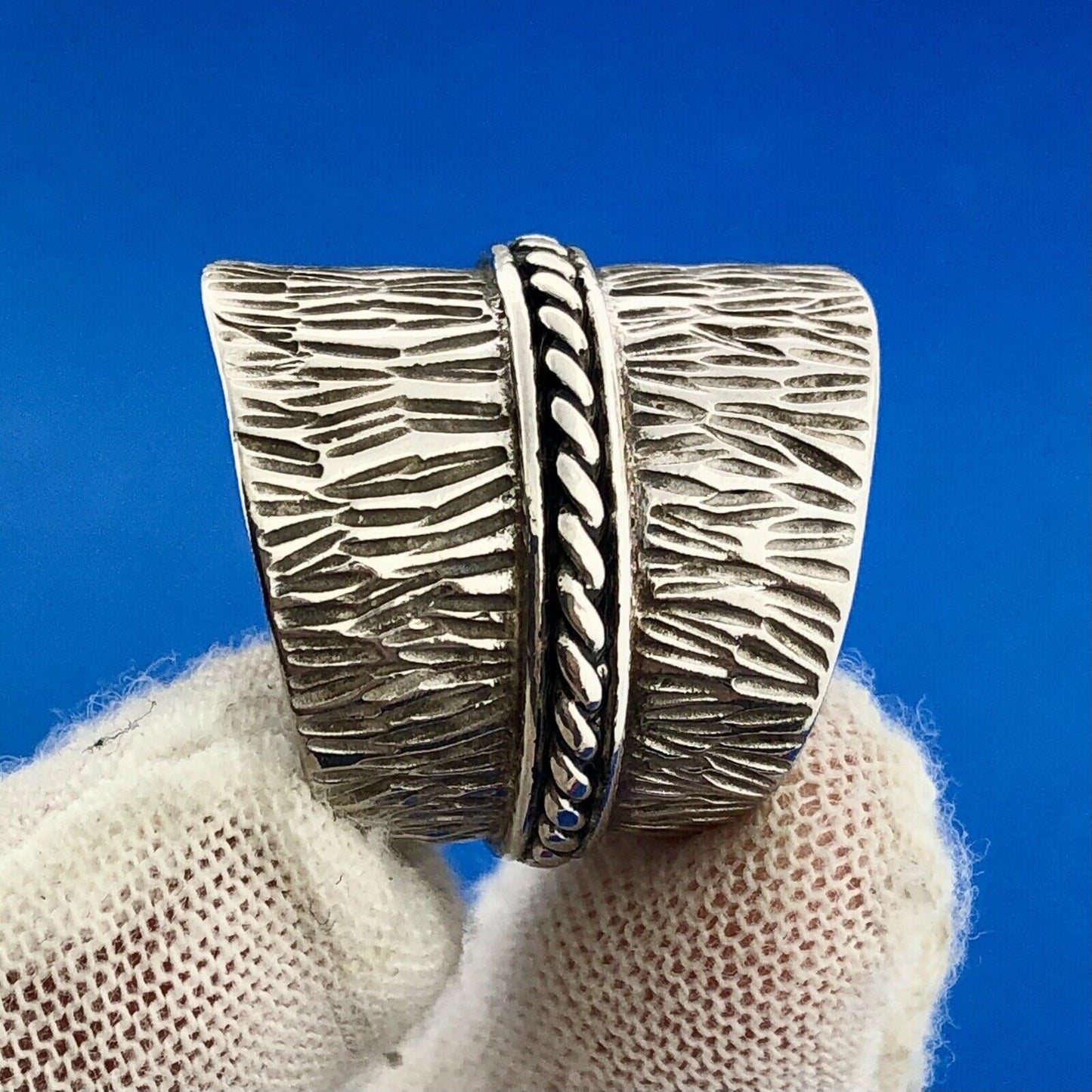 Vintage CJF Thai 925 Sterling Silver Textured Tapered Cigar Band Statement Ring