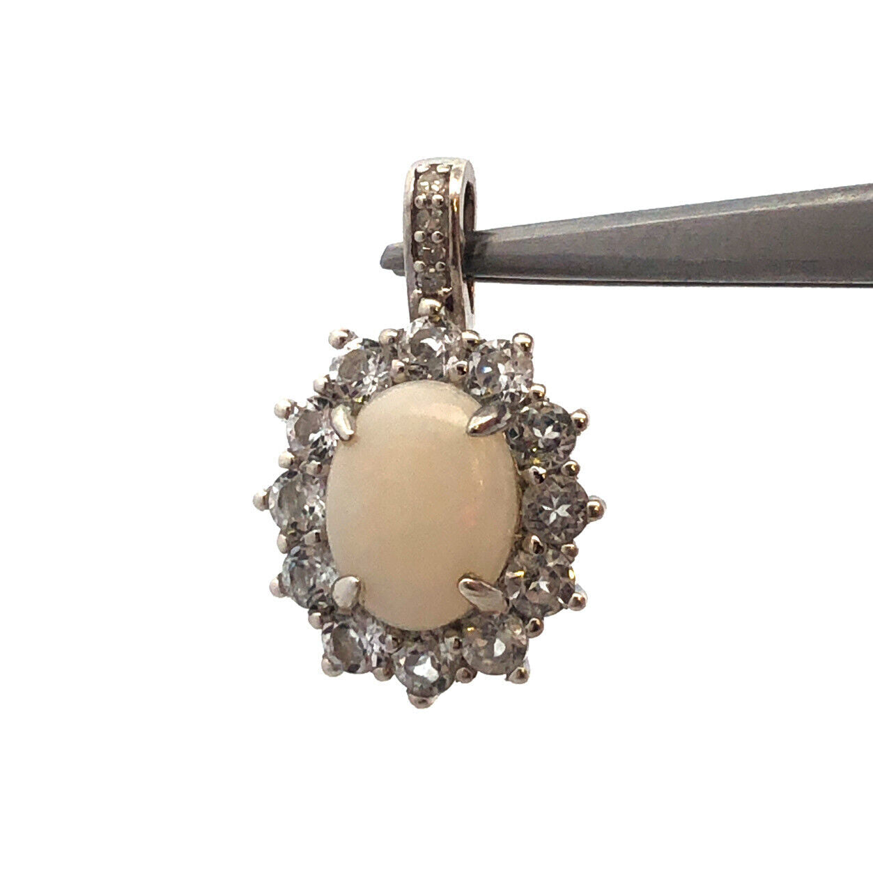 Designer CN 925 Sterling Silver Oval White Opal White Topaz Diamond Pendant