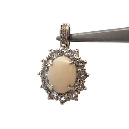 Designer CN 925 Sterling Silver Oval White Opal White Topaz Diamond Pendant