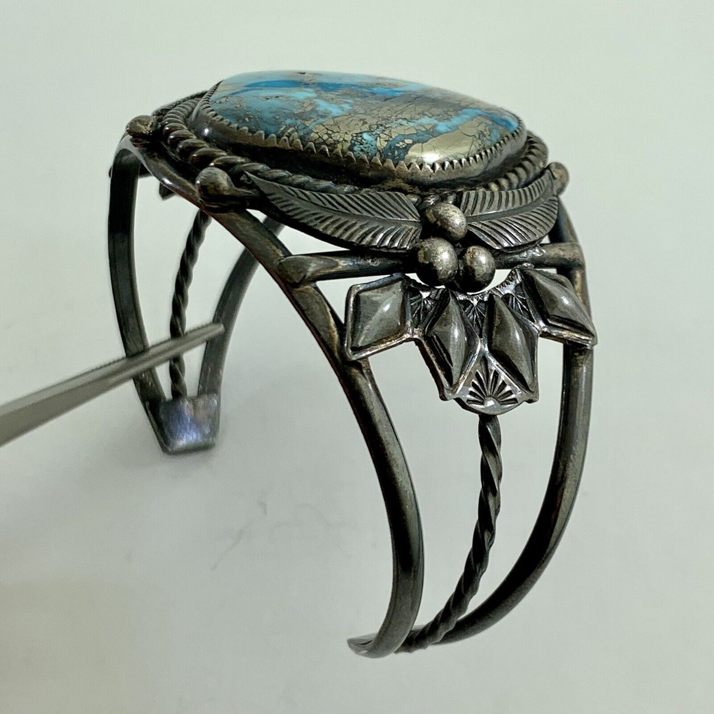 Signed Native American Sterling Silver Turquoise Statement Open Cuff Bracelet