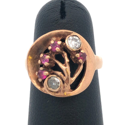 Vintage 14K Yellow Gold Diamond Ruby Free Form Cocktail Ring