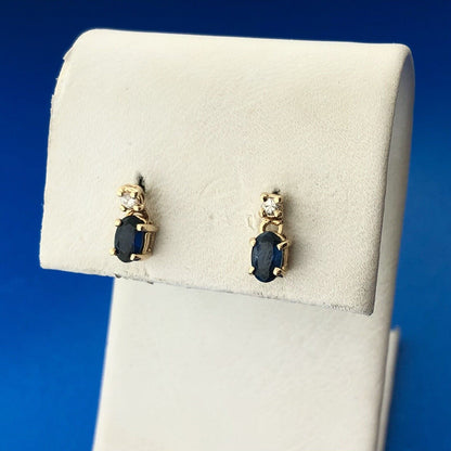 Gorgeous 14k Yellow Gold Oval Blue Sapphire Diamond Accent Dangle Stud Earrings