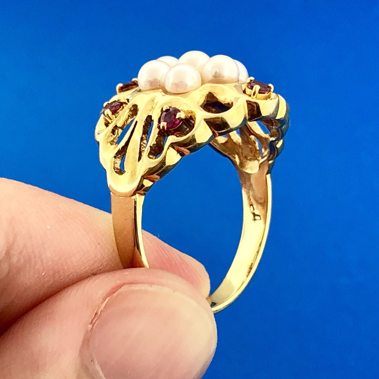 Vintage 18k Yellow Gold Pearl Cluster Ring with Ruby Accents