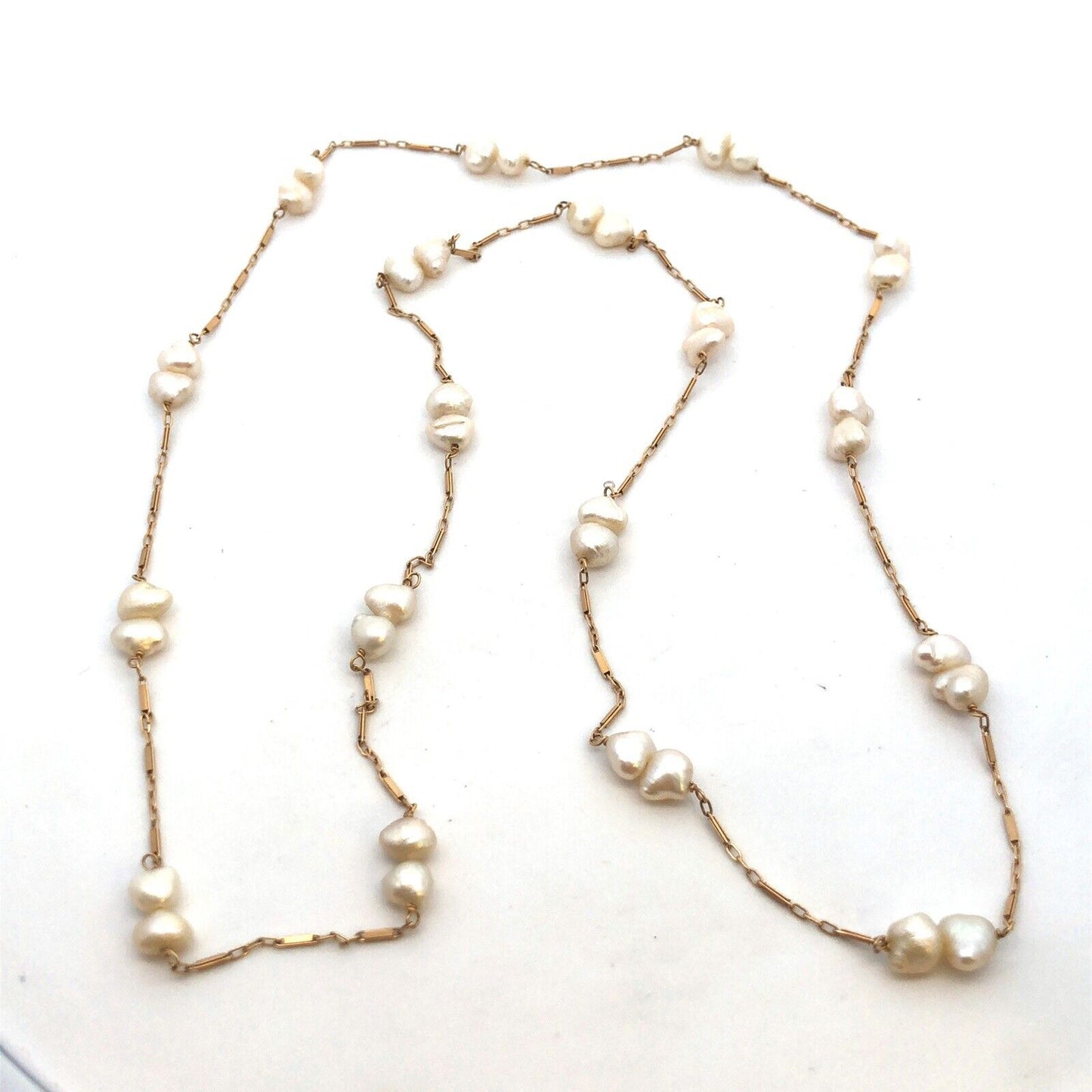 Estate 14K Yellow Gold White Pearl Beaded Bar Link Chain Layering Necklace