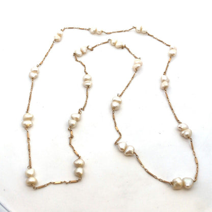 Estate 14K Yellow Gold White Pearl Beaded Bar Link Chain Layering Necklace