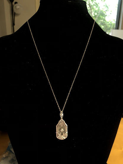 Vintage MSCo 14K White Gold Diamond Carved Art Glass Filigree Pendant Necklace