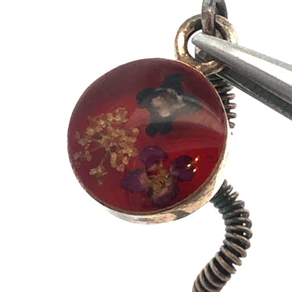 Vintage 925 Sterling Silver Red Resin Flower Floral Spiral Dangle Stud Earrings
