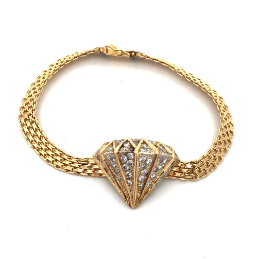 Estate 14K Yellow Gold Custom Round Diamond Statement Mesh Link Bracelet