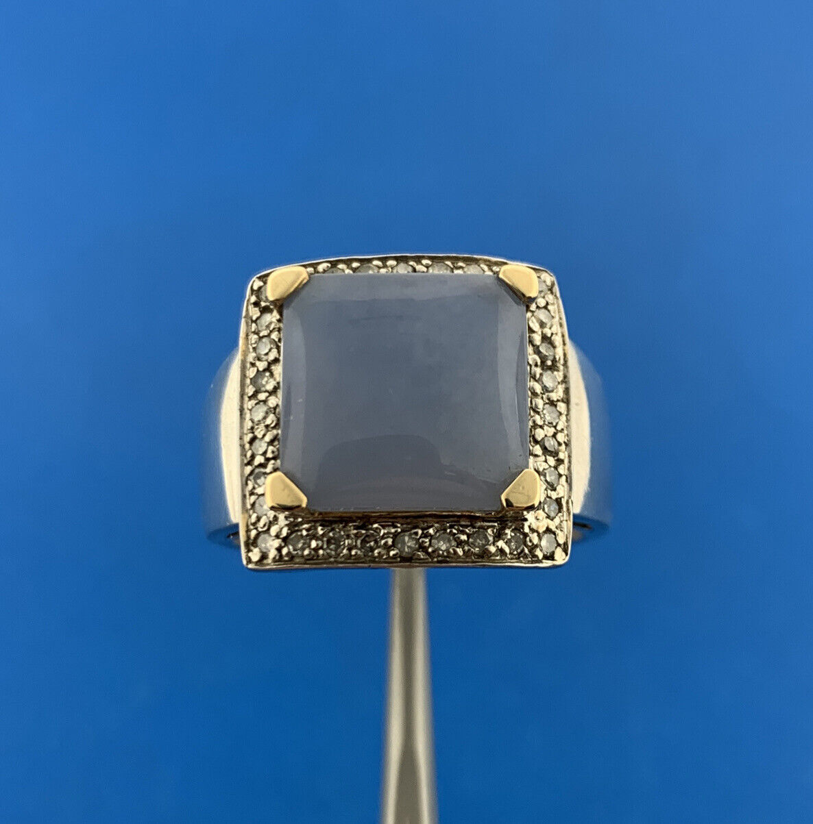 Designer BJC 925 Sterling Silver 14K Yellow Gold Chalcedony Diamond Halo Ring