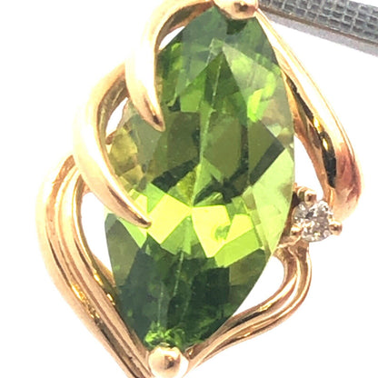 Vintage 14K Yellow Gold Marquise Peridot Round Diamond Accent Modernist Pendant
