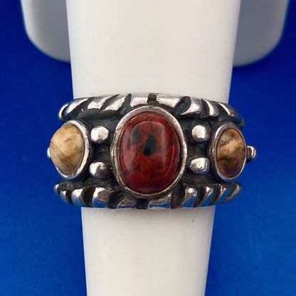 Vintage Native American Artisan 925 Sterling Silver Red Yellow Jasper Band Ring