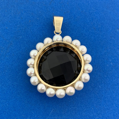 14K Yellow Gold Faceted Black Onyx Pearl Halo Statement Enhancer Pendant