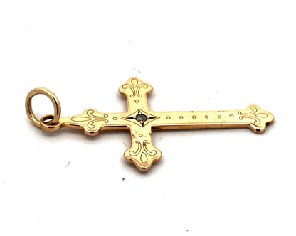 Designer 14K Yellow Gold Round Diamond Solitaire Polished Cross Pendant