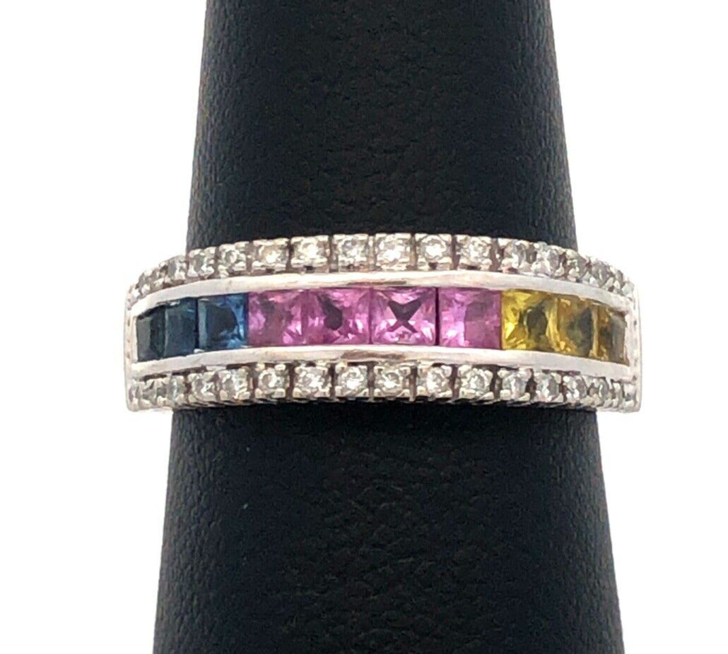 Designer 14K White Gold Multi Gemstone Diamond Mother's Anniversary Band Ring