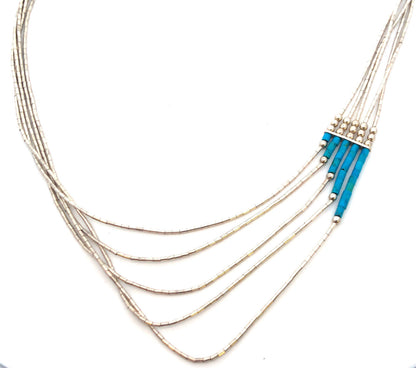 Native American 925 Sterling Silver Turquoise Liquid Silver 5 Strand Necklace