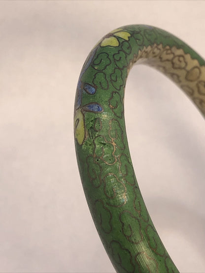 Vintage Cloisonne Green Enamel Floral Bangle Stackable Bracelet Set