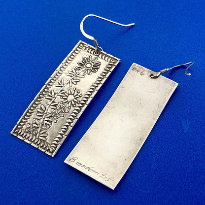 Artisan Brandon 925 Sterling Silver Floral Design Rectangle Drop Dangle Earrings