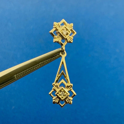 Vintage Art Deco 14K Yellow Gold Diamond Drop Dangle Stud Earrings