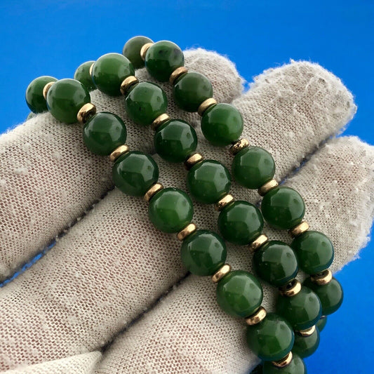 Gorgeous 14k Yellow Gold Cabochon Green Jade Bead Strand String 22.5" Necklace