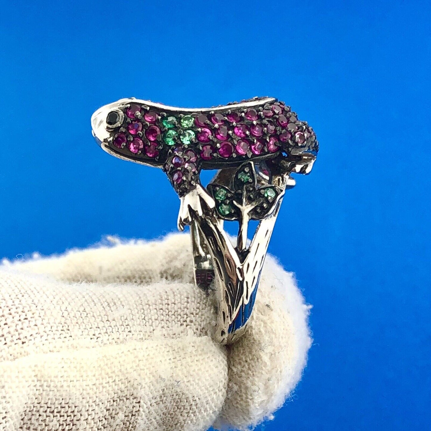 Unusual 925 Sterling Silver Ruby Emerald Gila Monster Lizard Statement Ring