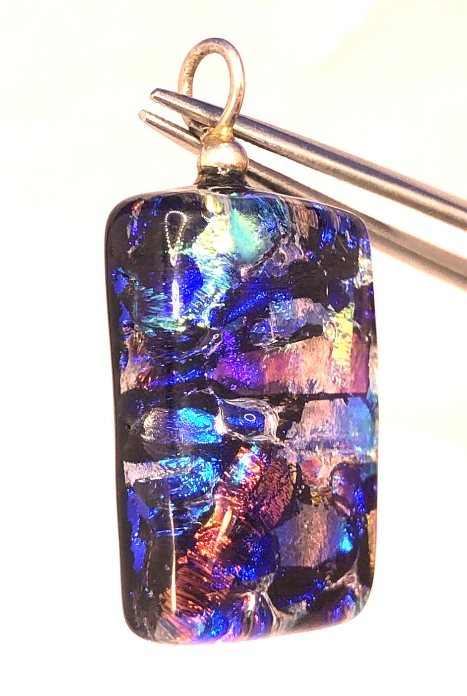 925 Sterling Silver Modernist  Multicolor Diachroic Glass Rectangle Pendant