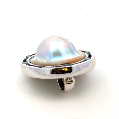 Designer 925 Sterling Silver Mabe Pearl Round Blue Topaz Statement Pendant