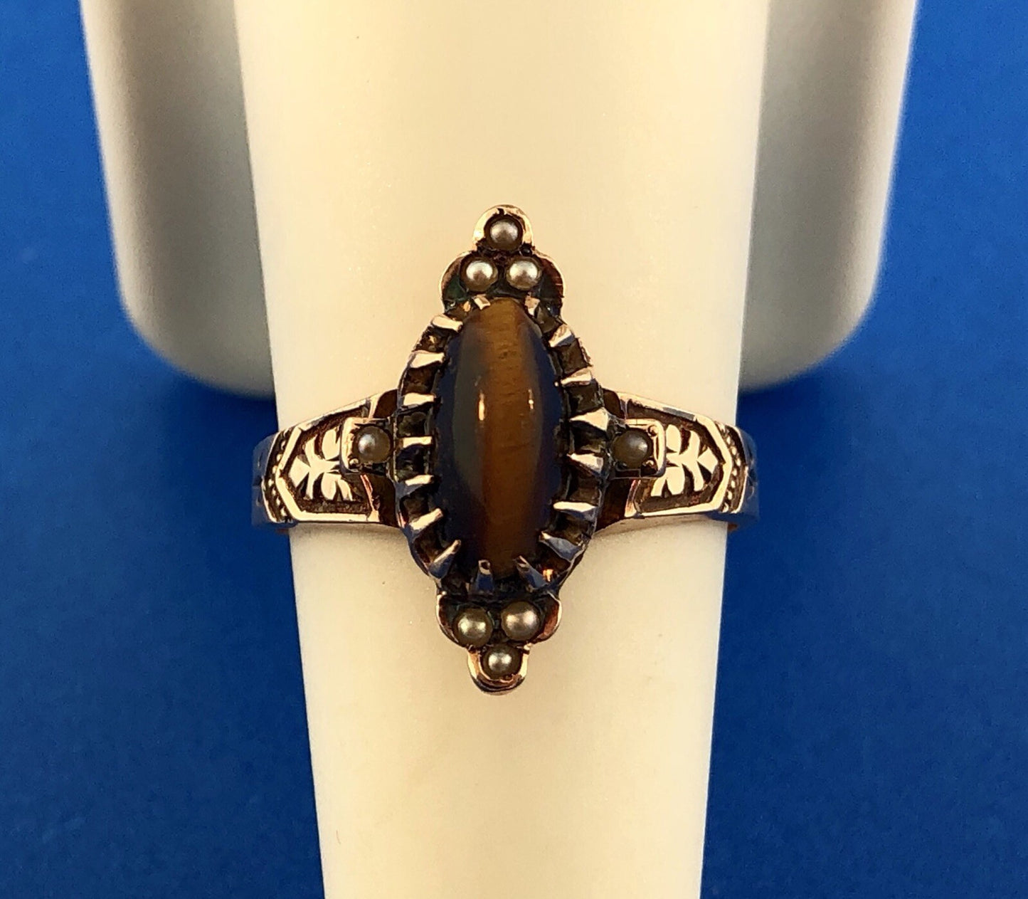 Art Deco Art Nouveau 10K Rose Gold Tigers Eye Seed Pearl Cocktail Ring