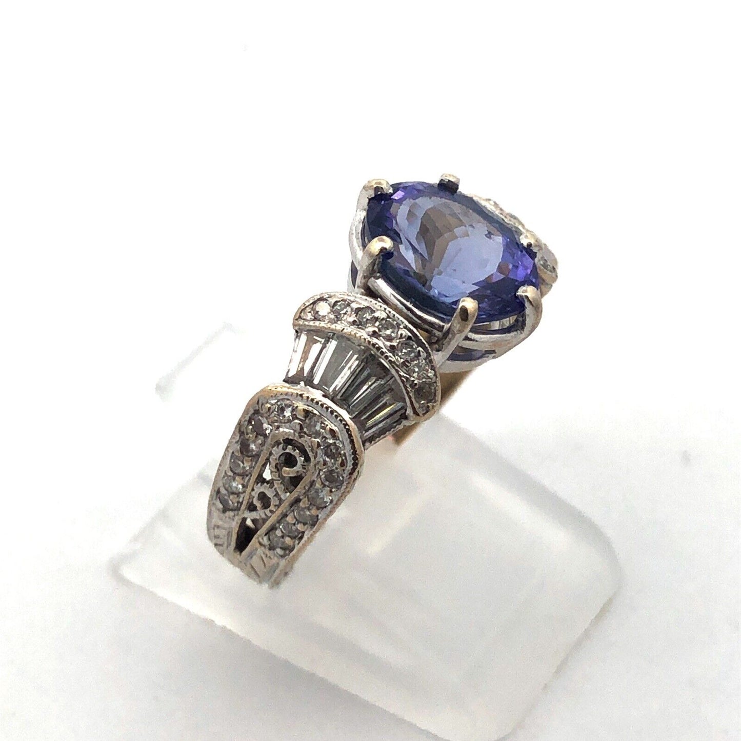 Designer 18K White Gold Oval Tanzanite Solitaire Diamond Accent Cocktail Ring