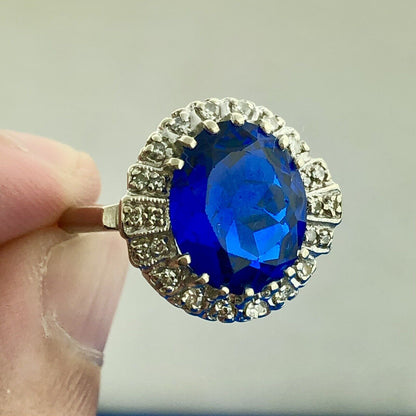 Vintage Estate 14k White Gold Blue Spinel Diamond Accent Ring Size 5.25