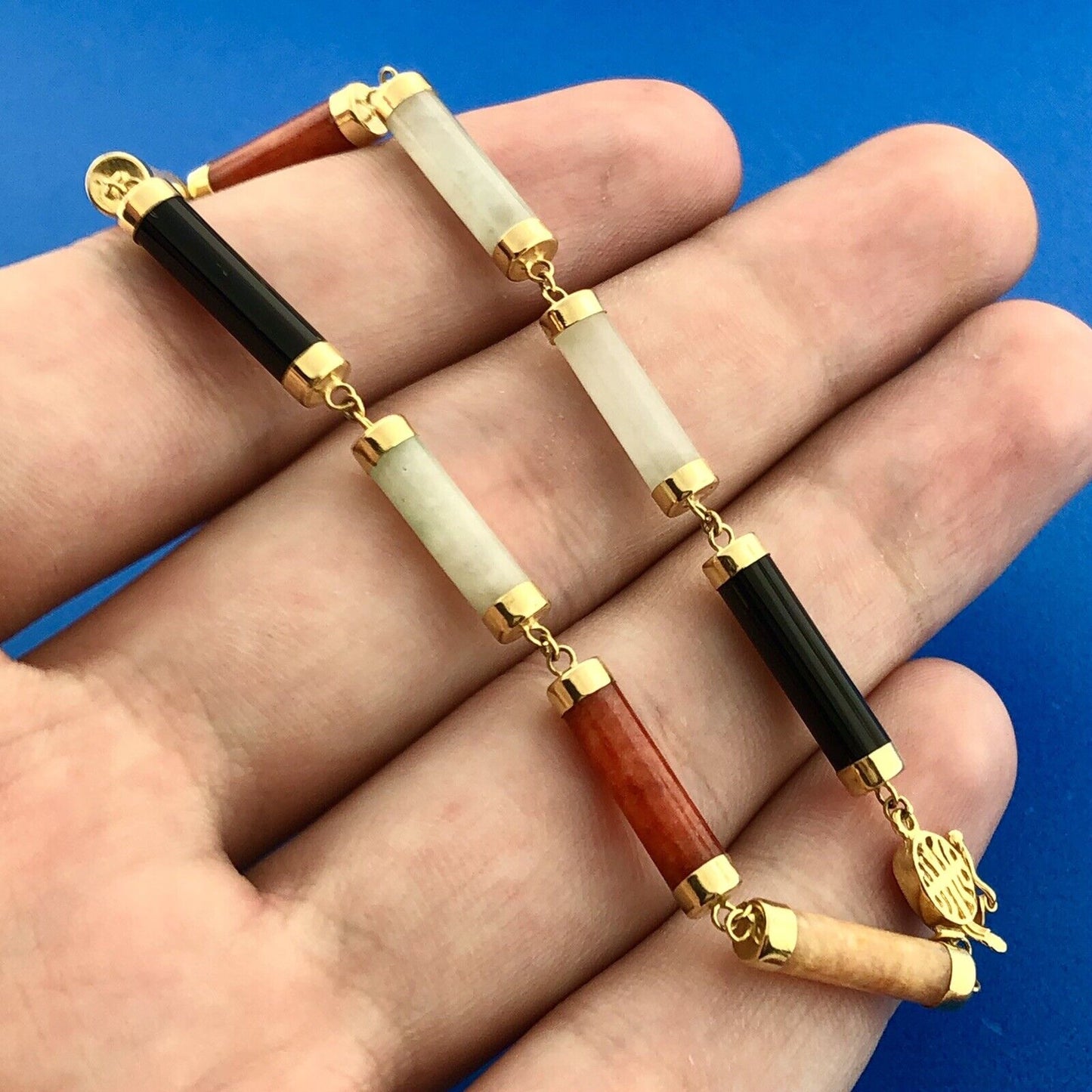 Estate 14K Yellow Gold Coral Black Onyx Jasper Jade Mixed Tubular Bead Bracelet