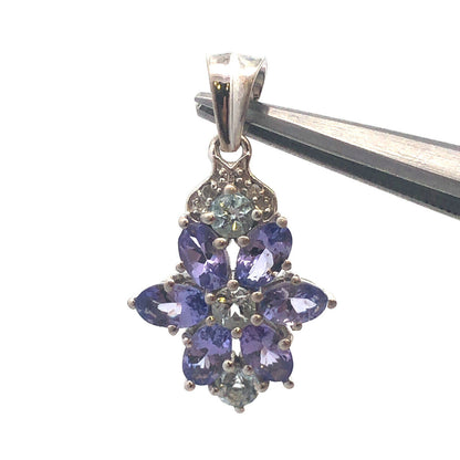 TGGC 925 Sterling Silver Oval Tanzanite Blue Tourmaline Diamond Flower Pendant