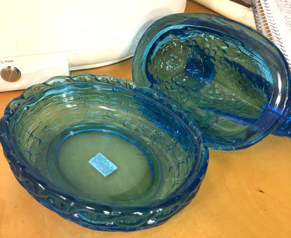 Vintage Blue Aqua Teal Glass Chicken w/Chicks Candy Trinket Dish With Lid