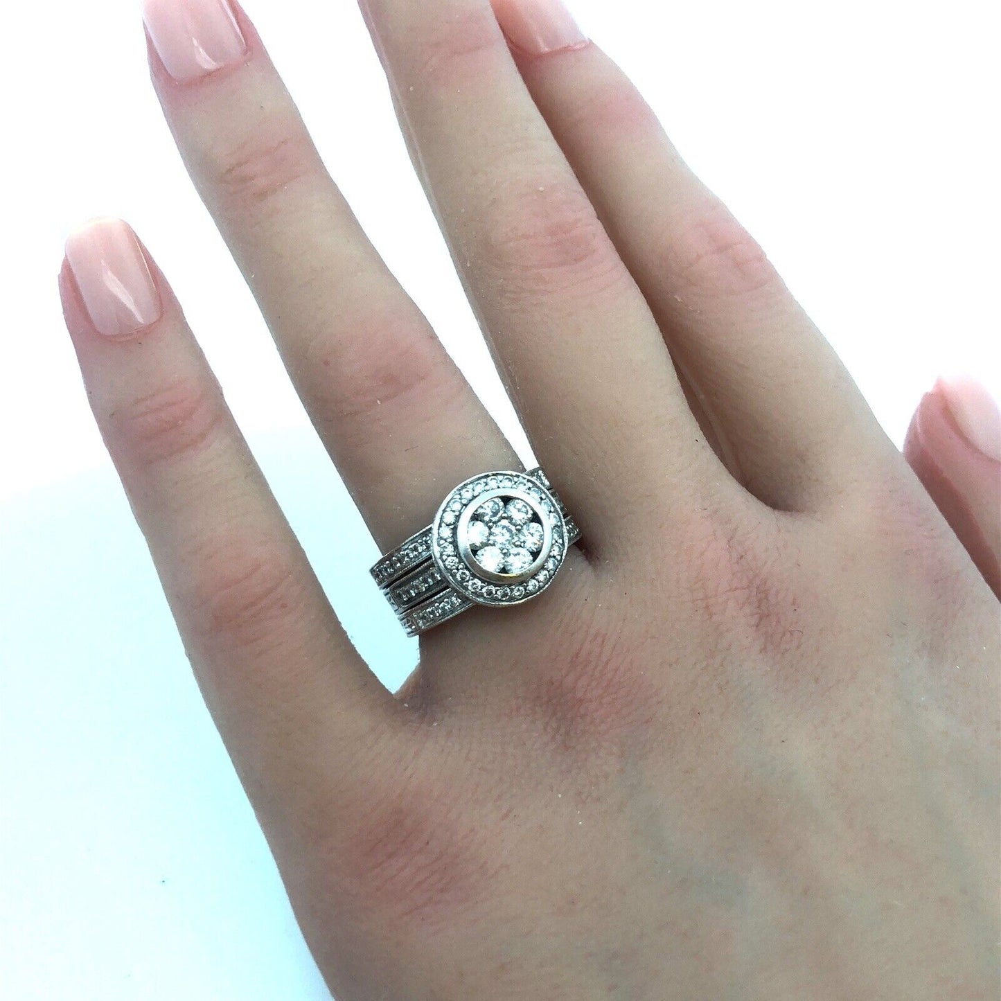 Designer 18K White Gold Diamond Floral Cluster Halo Accent 3 Ring Bridal Set