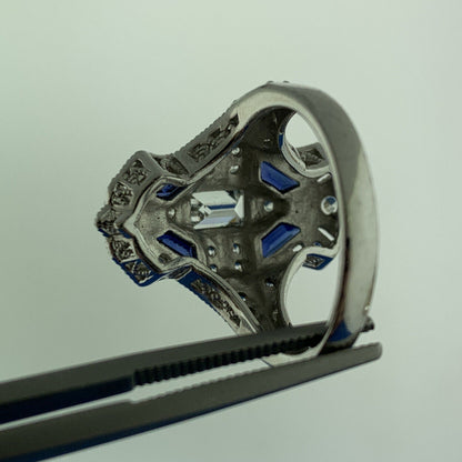 Designer 925 Sterling Silver White Topaz Blue Sapphire Art Deco Style Ring