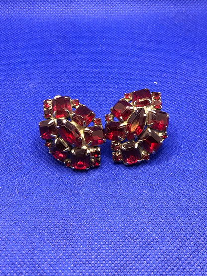 Mid Century Silver Tone Red Glass Rhinestone Statement Clip On Stud Earrings