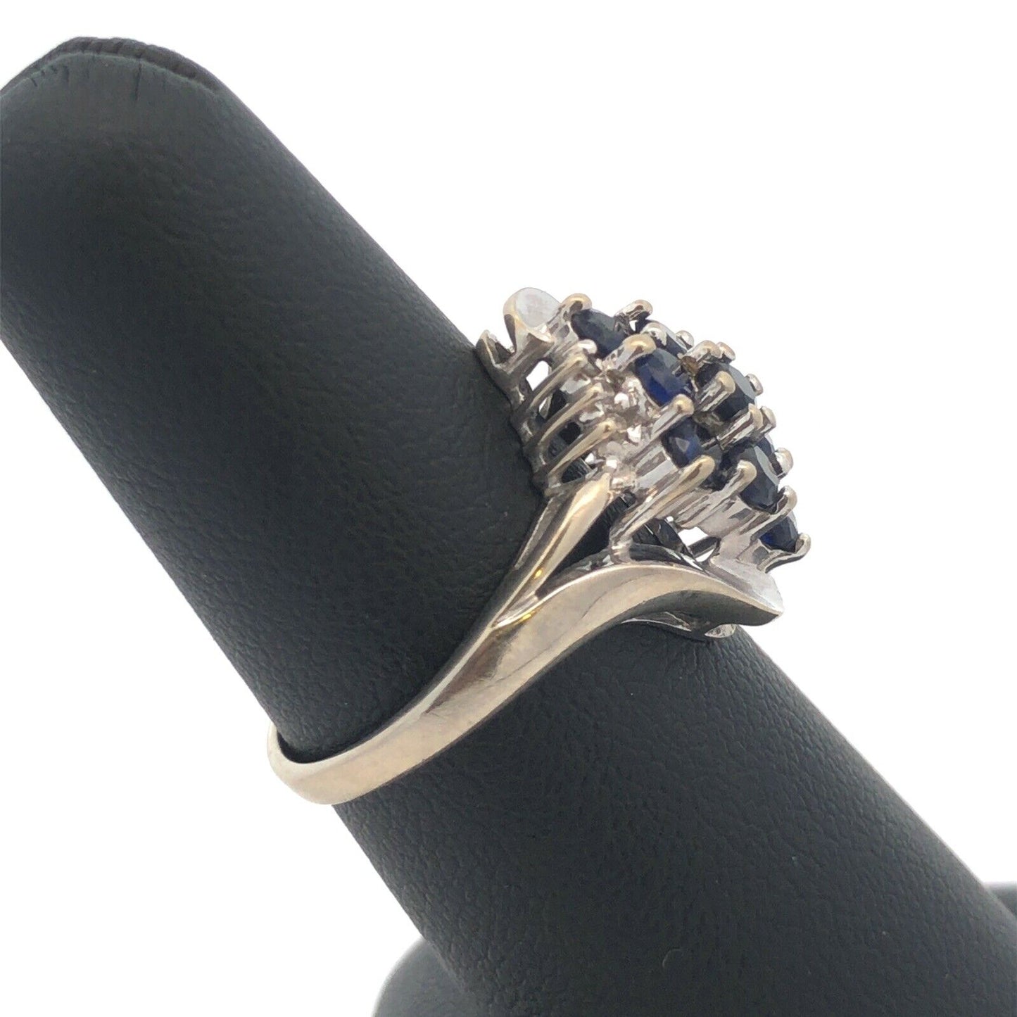 Designer 10K White Gold Round Sapphire Cluster W/Diamond Accents Cocktail Ring