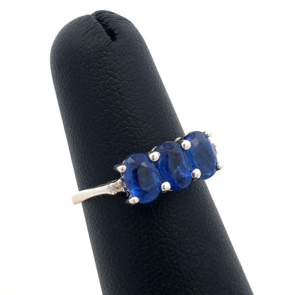 925 Sterling Silver Oval Blue Spinel Trio Round Diamond Accented Ring