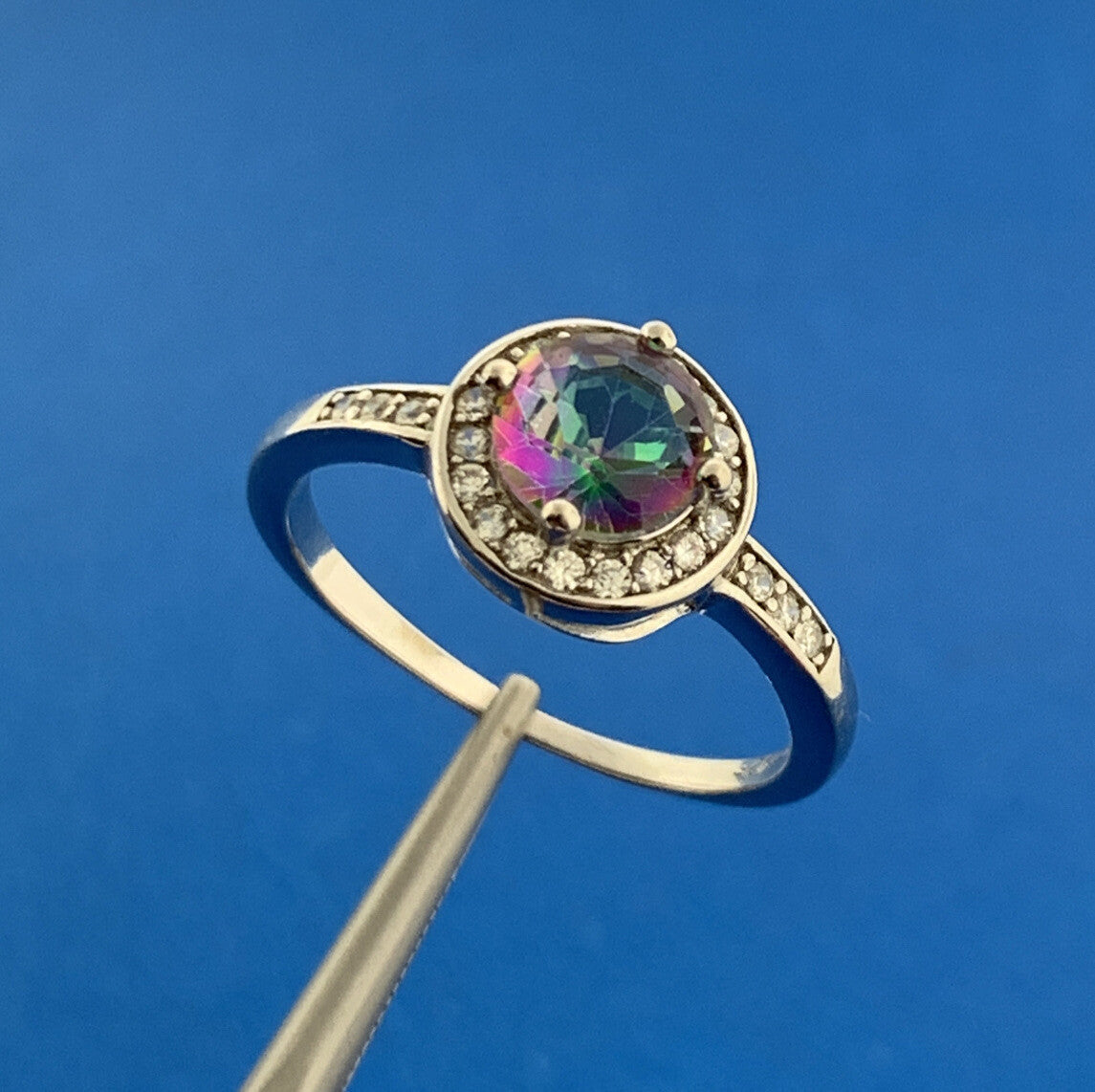 Designer Sterling Silver Mystic Topaz Cubic Zirconia Halo Cocktail Ring