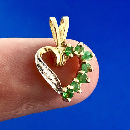 Vintage 14K Yellow White Gold Emerald Diamond Heart Sweetheart Birthday Pendant