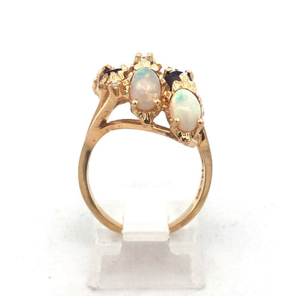 Vintage 14K Yellow Gold Diamond Garnet Opal Free Form Statement Cocktail Ring