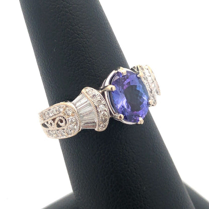 Designer 18K White Gold Oval Tanzanite Solitaire Diamond Accent Cocktail Ring