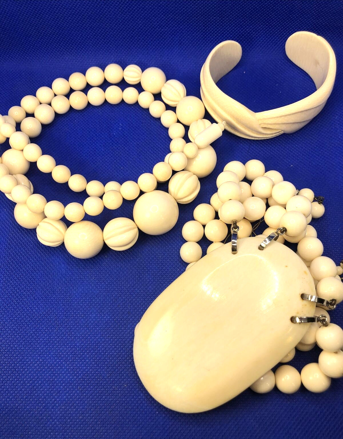 Vintage Art Deco Bakelite Celluloid Bead 3 Piece Lot Necklaces & Cuff Bracelet