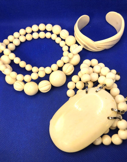 Vintage Art Deco Bakelite Celluloid Bead 3 Piece Lot Necklaces & Cuff Bracelet